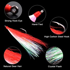 OROOTL Fishing Bucktail Teaser Hooks, 10pcs Saltwater Fishing Jigs Teaser Lures High Carbon Steel Hooks with Crystal Flash Feather Skirt for Flounder Salmon Trout Sea Bass Steelhead