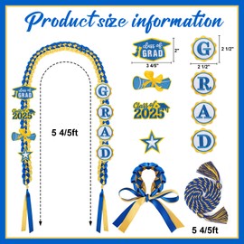 COCHIE Graduation Leis 2025, Graduation Ribbon Lei with Honor Cord & Braided Bracelet, Class of 2025 Money Leis for Grad Party Decorations, Graduation Gifts for Women Men - Embroidery (Blue and Gold)