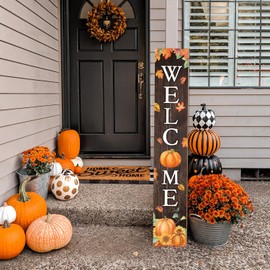 Fall Porch Sign Welcome Sign For Front Porch Maple Leaf Pumpkin Sunflower Home Decor Indoor Outdoor Autumn Wooden Vertical Sign For Patio Front Door Porch Wall Yard