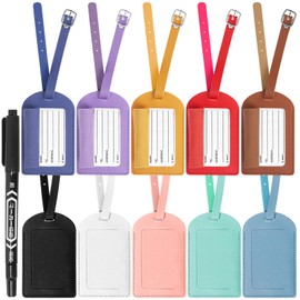 Keadic 11Pcs Leather Luggage Tag Bulk Set, 10 Color Travel Suitcase with Name ID Labels and Privacy Cover PU Baggage Identifier for Backpacks Suitcases Travel Bags Men Women Kids (Horizontal)