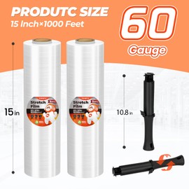 MUNBYN Shrink Wrap, Stretch Wrap with Handles, Stretch Film Roll Industrial Strength, Plastic Wrap for Pallet Wrapping Shipping Moving, 15 Inch x 1000 Ft, 4 Pack, 60 Gauge