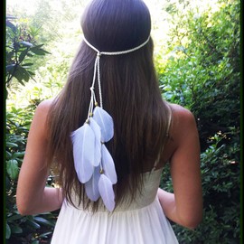 TseenYi Boho Feather Feather Headband Gypsy Hair Band White Feather Tassel Headband Long Feather Fringe Headwear Hairband Jewelry for Women and Girls Stage Performance Headdress