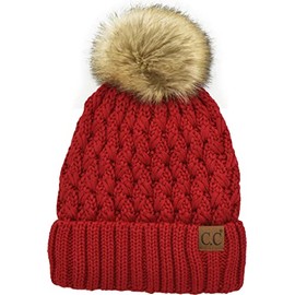 C.C Beanie Women’s Thick Cable Knit Faux Fuzzy Fur Pom Lattice Crossover Fleece Lined Skull Cap Cuff Beanie Red