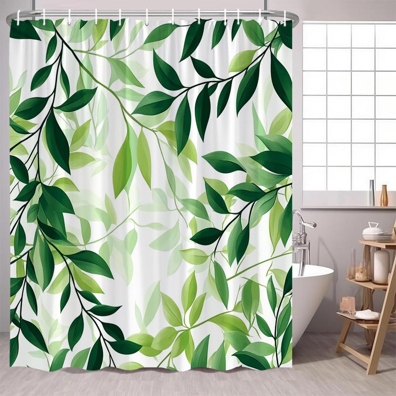Green Leaves Shower Curtain Rustic Green Plants Nature Botanical Minimalism