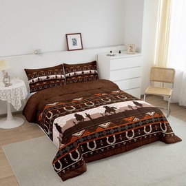 Castle Fairy Brown Bohemian Exotic Bed Comforter Set Queen Size,Vintage Farmhouse Wooden Super Soft Microfiber Bedding Set for Adults Teens,Western Cowboy Horseshoe Comforter Set,2 Pillowcases