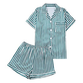 Celucke Women's Satin Pajama Set, Luxurious Silk Button Up Top with Notch Collar Comfortable Sleepwear Outfit, Satin Pyjamas For Women, Pj Shorts Set, Ladies Comfort Lounge Wear Nightwear Green