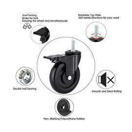 Stem Caster Wheels 5 inch Casters with Safety Dual Locking 1500Lbs Heavy Duty Threaded Stem Casters No Noise Swivel Castors with Brakes 1/2”-13x1.5”