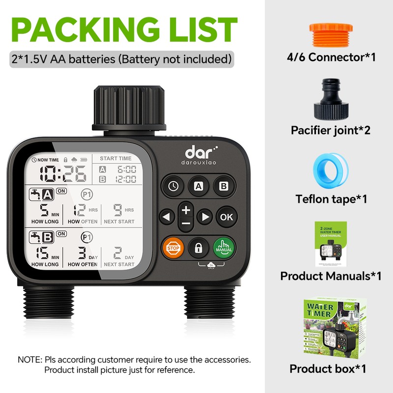 2-Zone Digital Garden Water Timer with Rain Sensor – Automatic