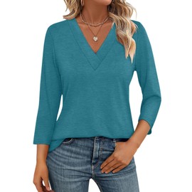 TICTICMISS Women's 3/4 Sleeve Shirts V Neck Summer Tops Casual Basic Tees Blouse Loose Fit Tunics Tops Turquoise
