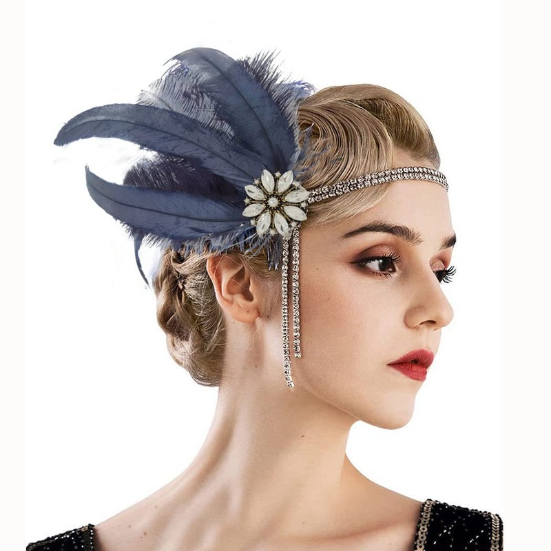IYOU 1920s Feather Flapper Headdress Blue Crystal Gatsby Headband Prom