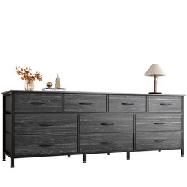 Huuger 63 Inch Dresser for Bedroom, Long Dresser with 10 Fabric Drawers, Large TV Stand for 55, 65, 70 Inch TV, Toy Storage Organizer for Closet, Charcoal Black Wood Grain Print