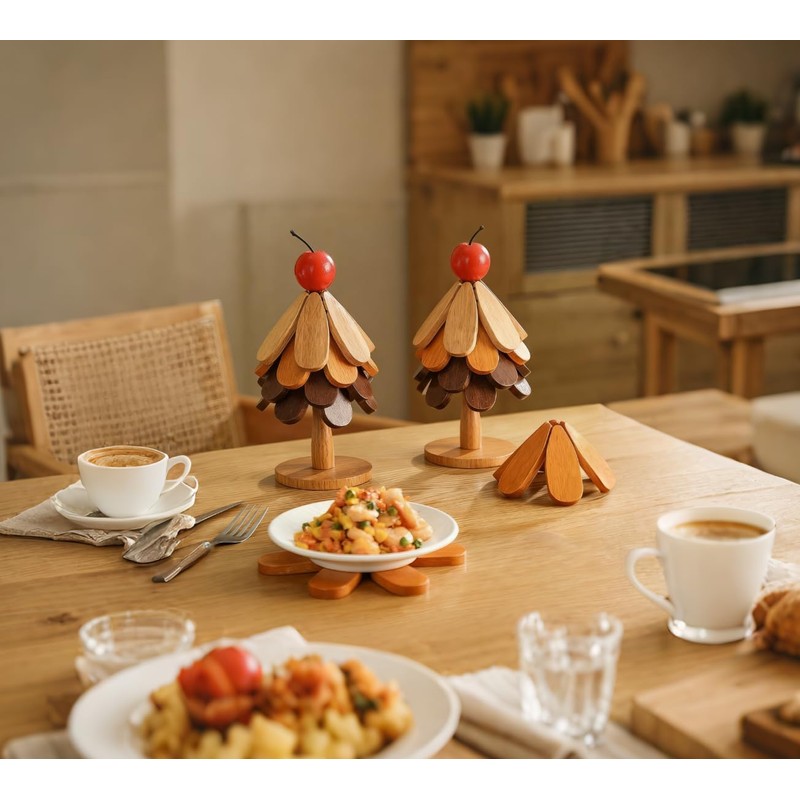 4 Sets in Wooden Apple Tree Trivets for Hot Dishes,