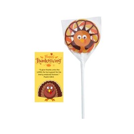 Set of 12 Give Thanks Thanksgiving Turkey Suckers Lollipops With Gift Prayer Cards, Psalm 136:1 Bible Verse