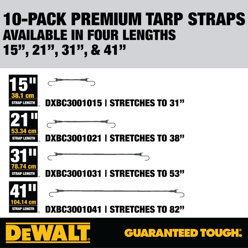 DEWALT DXBC3001021 Black/Yellow 21" Rubber Tarp Straps, 10 Pack