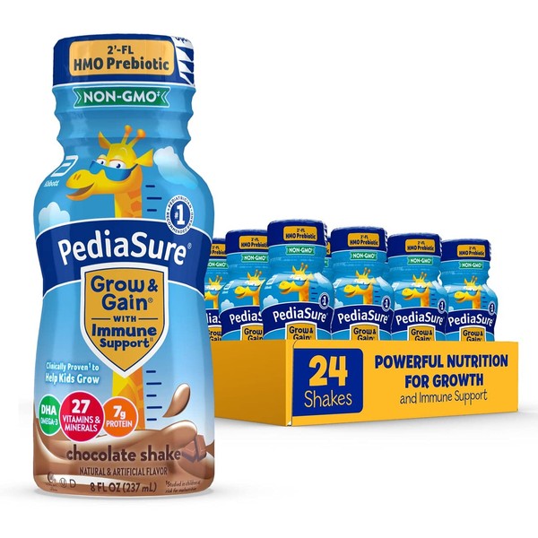 PediaSure Grow & Gain with 2’-FL HMO Prebiotic, Kids nutrition shake, Vitamins C, E, B1, & B2, Non-GMO, Chocolate, 8 Fl Oz Bottle, Pack of 24