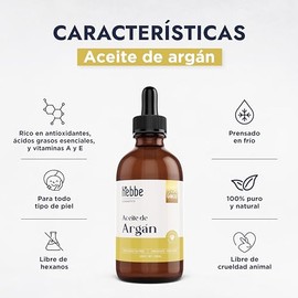 HEBBE | Aceite De Argán Virgen Orgánico 100 ml | Tratamiento Capilar y Facial Hidratante | Nutre, Repara y Aporta Brillo al Cabello | Aceite Vegetal C
