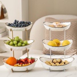 YYW 3 Tier Fruit Bowl for Kitchen Counter, White Ceramic Fruit Basket for Countertop, Home Fruit Stand with Metal Holder, Vegetable Bowl Snacks Nuts Bread Candy Storage (Gold 3-Layer)