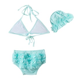 Mud Kingdom - Conjunto de bikini para niñas pequeñas con gorro de natación para playa, deporte con cuello en V, Azul, 5-6