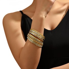 Yienate Boho Gold Bangle Bracelet Set Twist Textured Multi Bangle Set Indian Wedding Rhinestones Bangle Indian Bollywood Vintage Crystal Bangle Large Round Stacking Bracelet Jewelry for Women Girls