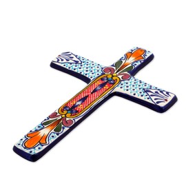 NOVICA Orange and Blue Hand Painted Floral Ceramic Wall Mounted Cross, 'Orange Lily'