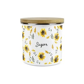 Purely Home Yellow Sunflowers Sugar Storage Canister - White Metal Enamel Kitchen Food Storage Container