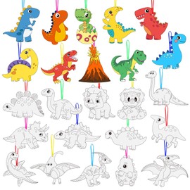 Landifor 48 Pieces Dinosaur Children's Craft Set Dino for Colouring Dinosaur Hanging Decoration with Ribbons Creative Craft Set for Children Children's Birthday Party