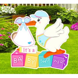 Cute News Outdoor Baby Shower Stork Yard Sign Kit - Gender Neutral Lawn Decoration - Welcome Newborn Birth Announcement Greeting Art, Boy or Girl, Unisex