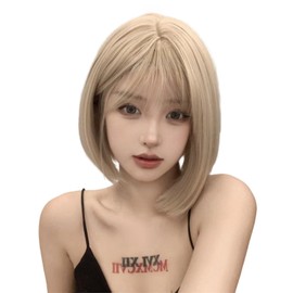 Sizuuenn Women's Full Wig, Short Bob, Bangs, Blonde, White Gold, Wig, Small Face, Fashion, Heat Resistant Wig, High Temperature Hair Yarn, Cosplay Wig, Dedicated Network, For Events, School Festivals,