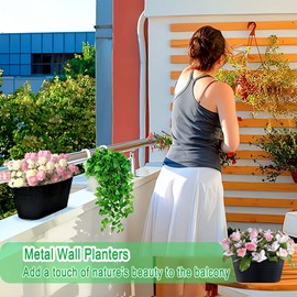 SMYAXUNW 10.6 Inch 3 Pack Long Slot Wrought Iron Hanging Flower Pots Small Metal Hanging Flower Basket with Removable Hooks and Drainage Holes Suitable for Porch Railing Balcony Fence Garden (HS)