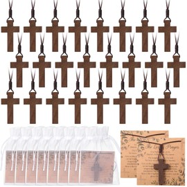 Ecation 24 Set Wooden Cross Necklace Bulk Christian Gifts with 24 Prayer Necklace Cards 24 Organza Bags Wood Cross Pendant Necklace for Easter Party Men Women Prayer Spiritual Religious Jewelry