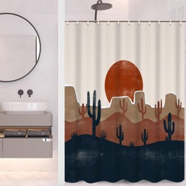 Umpoo Abstract Mid Century Bohemian Bathroom Shower Curtain - Desert Cactus Red Sun With Hooks, Waterproof Fabric Polyester, Modern Aesthetics Home Decorative, 48x72 Inch
