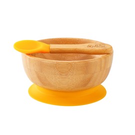 Vinsani Bamboo Bowl and Spoon Set for Baby/Toddler, Suction Plate, Stay-Put Design, Hypoallergenic and BPA-Free (Yellow)