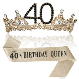 40th Birthday Crown and Sash for Women, 40 Tiara Headband, Black Gold 40th Birthday Decorations Gifts Favors for Female Friends Sister Daughter Wife Mom