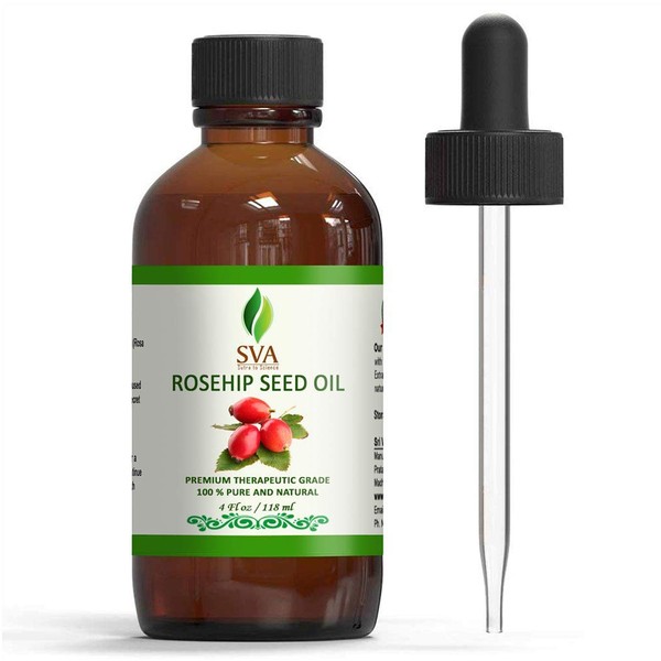 SVA Organics Rosehip Oil Cold Pressed 4 Oz 100% Pure Natural Premium Therapeutic Grade Unrefined Carrier Oil with Dropper for Face, Skin, Body, Lips