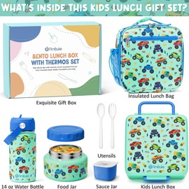 Fimibuke Kids Bento Lunch Box with Thermos, Leakproof Toddler Bento Box with 8.5 OZ Insulated Food Jar, Lunch Bag, Kids Water Bottle, 3 or 4 Compartment Container for Back to School Toddler Girls Boys