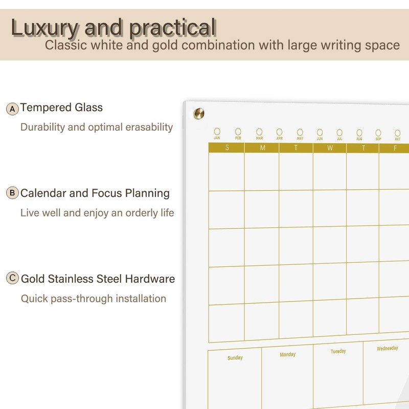 Marribol Glass 3-1 Golden Monthly Dry Erase Calendar Whiteboard for