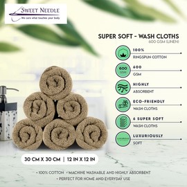 SweetNeedle Super Soft Pack of 6 Face Cloths 30 x 30 Linen, 580 GSM - 100% Pure Ringspun Cotton - Luxurious Rayon Trim - Ideal for Everyday Use - Easy Care Machine Wash