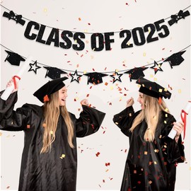 Gifloon Pre-Strung Class of 2025 Banner, Congrats Banner for Graduation Party Decorations, Black Glitter