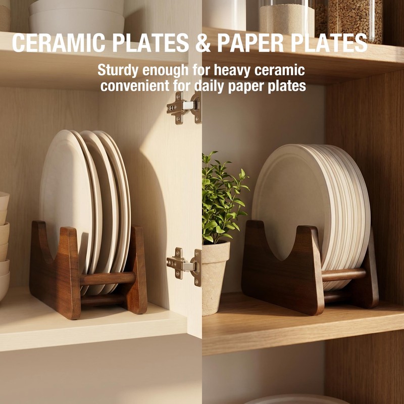 Wooden Paper Plate Holder, Kitchen Countertop Storage for 6-10 Inch