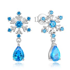 Oskani Snowflake Teardrop Earrings for Women 925 Sterling Silver 5A Cubic Zirconia March Birthstone Aquamarine Color Hypoallergenic Studs Earrings Jewelry Winter Christmas Birthday for Her