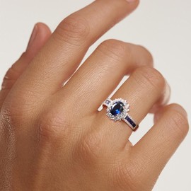 925 Sterling Silver 2.9 Cttw Sapphire Rings for Women Men Sparkling CZ Inalid Oval Shaped September Birthstone Ring Cocktail Signet Ring, Size 9