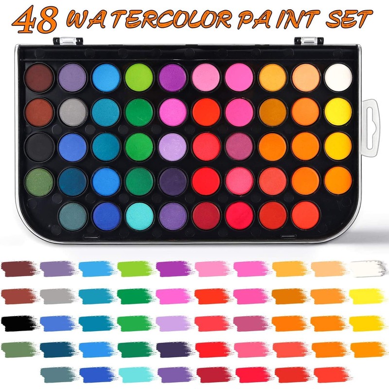 Watercolor Paint Set, 48 Colors Non-Toxic Watercolor Paint with a