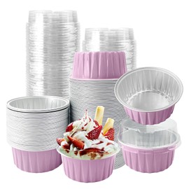 100Pcs Aluminum Cups with Lids,5oz Disposable Ramekin Baking Cups Muffin Liners Mini Pie Pans Foil Cupcake Containers for Christmas Party Wedding,Pink
