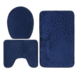 Juego de 3 Alfombrillas para Baño con Alfombras Absorbentes Laterales para Bañera, Cubierta de Tapa de Inodoro con Diseño en Piedra, Alfombrillas de Suelo para Baño (Azul marino)