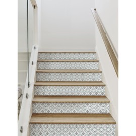 Simple Shapes Flower Moroccan Tile Peel and Stick Stair Riser Strips (Blue, 6 Pack - 48" w x 6" h)