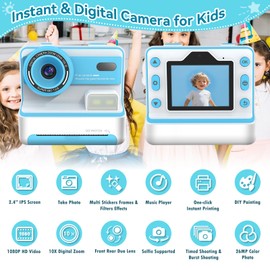 Instant Print Camera for Kids Toddler Camera Print for Girls Boys Age 3-12 2.4 Inch Screen 1080P Selfie Toddler Cameras for Children Birthday Gifts with 3 Rolls Print Paper & 32G Card(Blue)