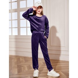 Arshiner Girls Pullover Sweatsuit Casual Velour Tracksuits for Kids Long Sleeve Tracksuit Solid Color Jogging Suits Dark Purple Size 7-8Y