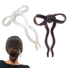 Tavvke 2 Pcs Fashionable Bow Hairpins, U-Shaped French Hair Sticks, Wavy Hairpins for Women, Elegant Hair Styling Accessories in (Brown+White)