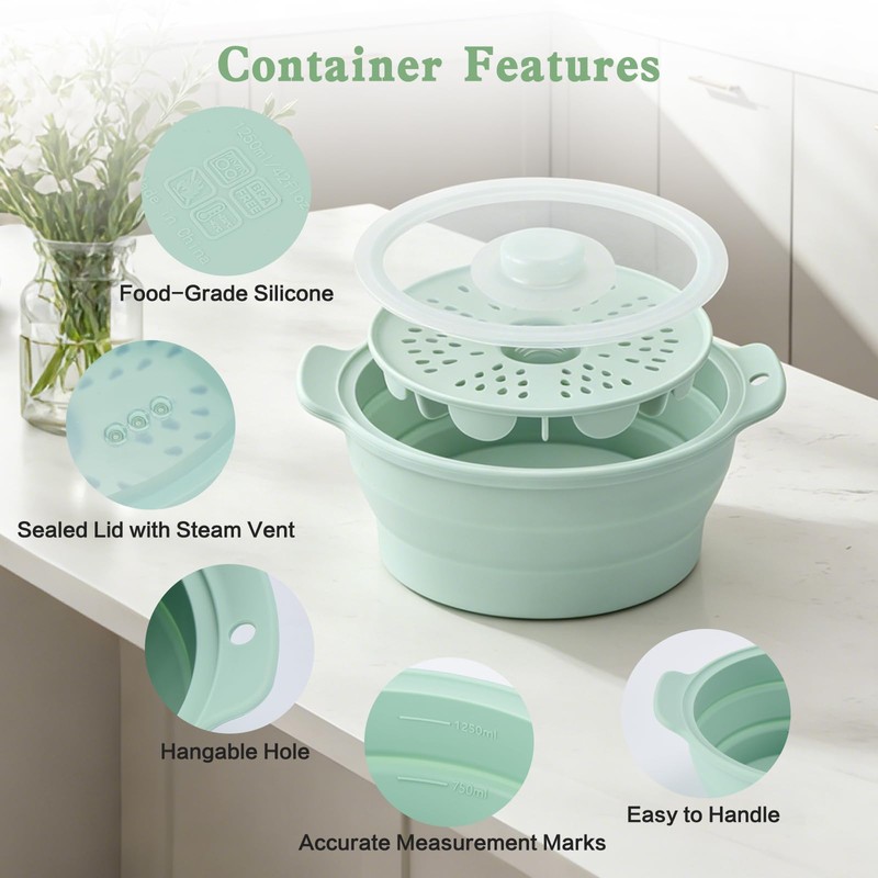 42oz Upgraded Silicone Foldable Microwave Steamer (Light Green)