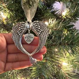 BTORER Christmas Memorial Ornaments Angel Wings Hanging Decoration Christmas Memorial Loved One Wing Charm "a Piece of My Heart Is In Heaven"Hanging Pendents for Home Decor Gifts (Mom)